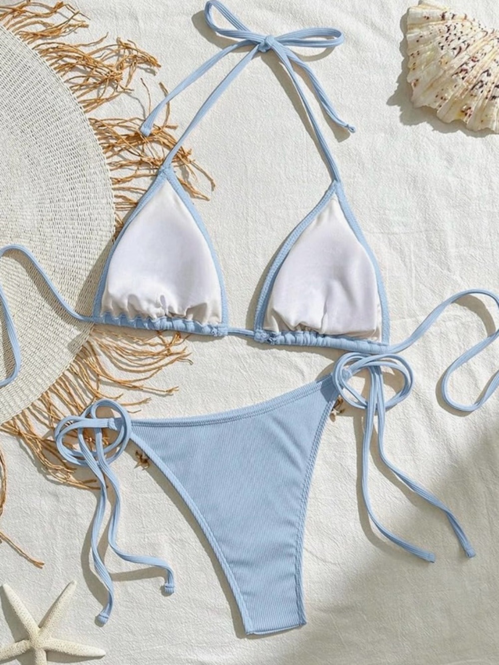 Light Blue Ribbed Crochet Trim Halter Shell Accents Side Tie Bikini Set - Picture 8 of 14